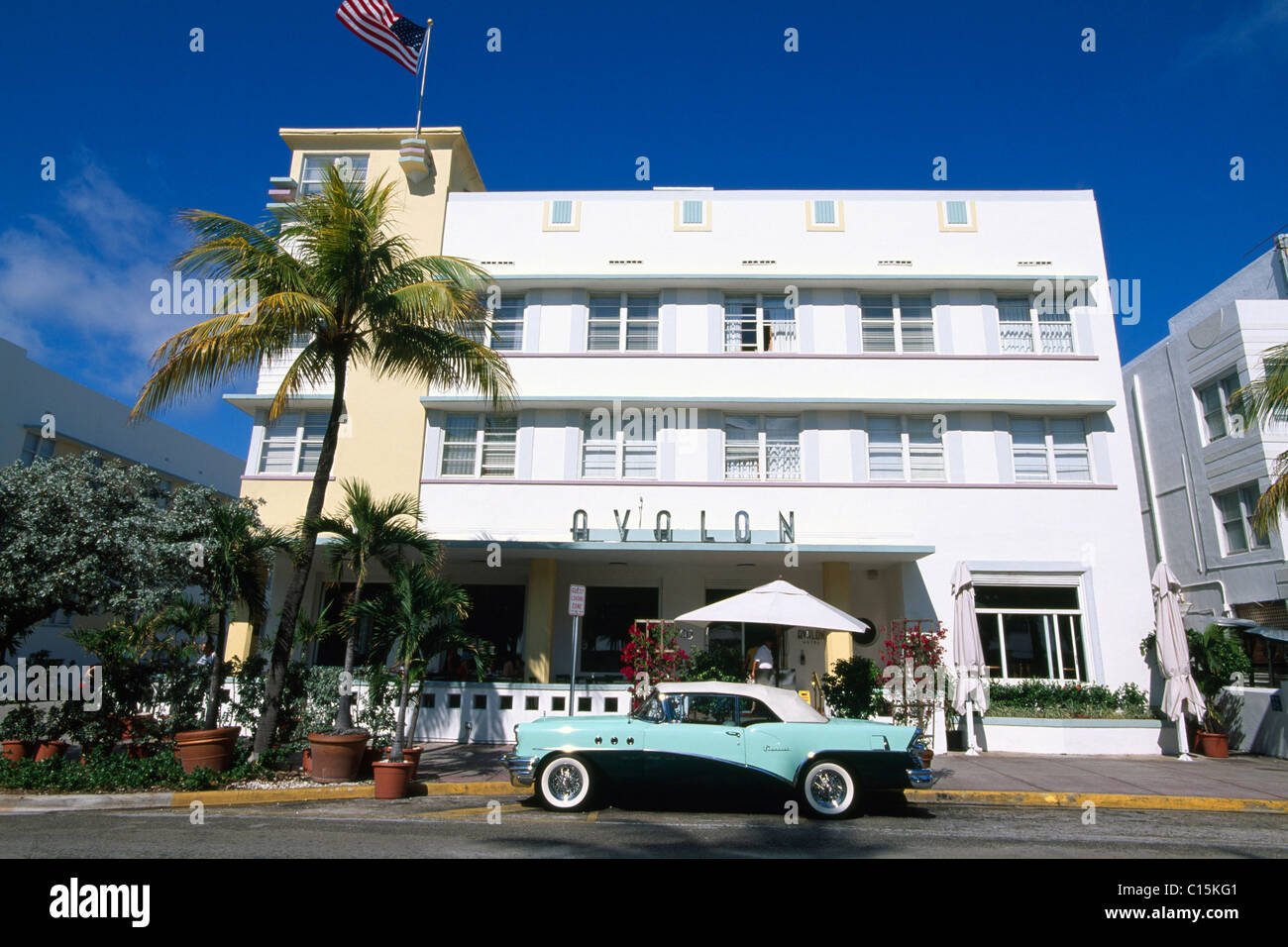 Vintage car parked in front of Ovolon, Ocean Drive, Miami Beach, Miami, Florida, USA Stock Photo