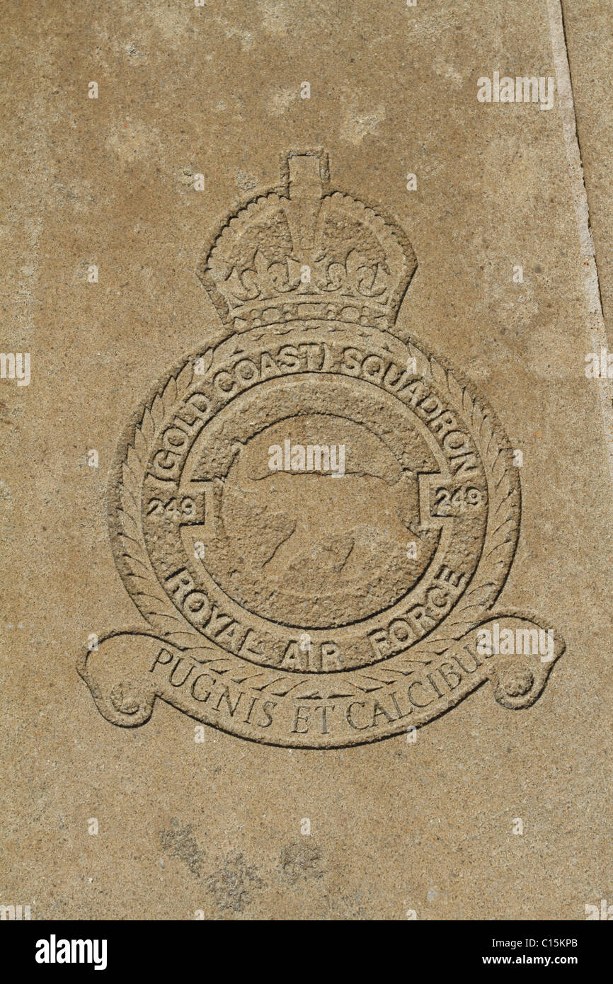 Battle of Britain memorial at Capel le Ferne. Insignia of 249 squadron which flew Hurricanes in 1940 and one pilot Flt/Lt Nicolson won the VC Stock Photo