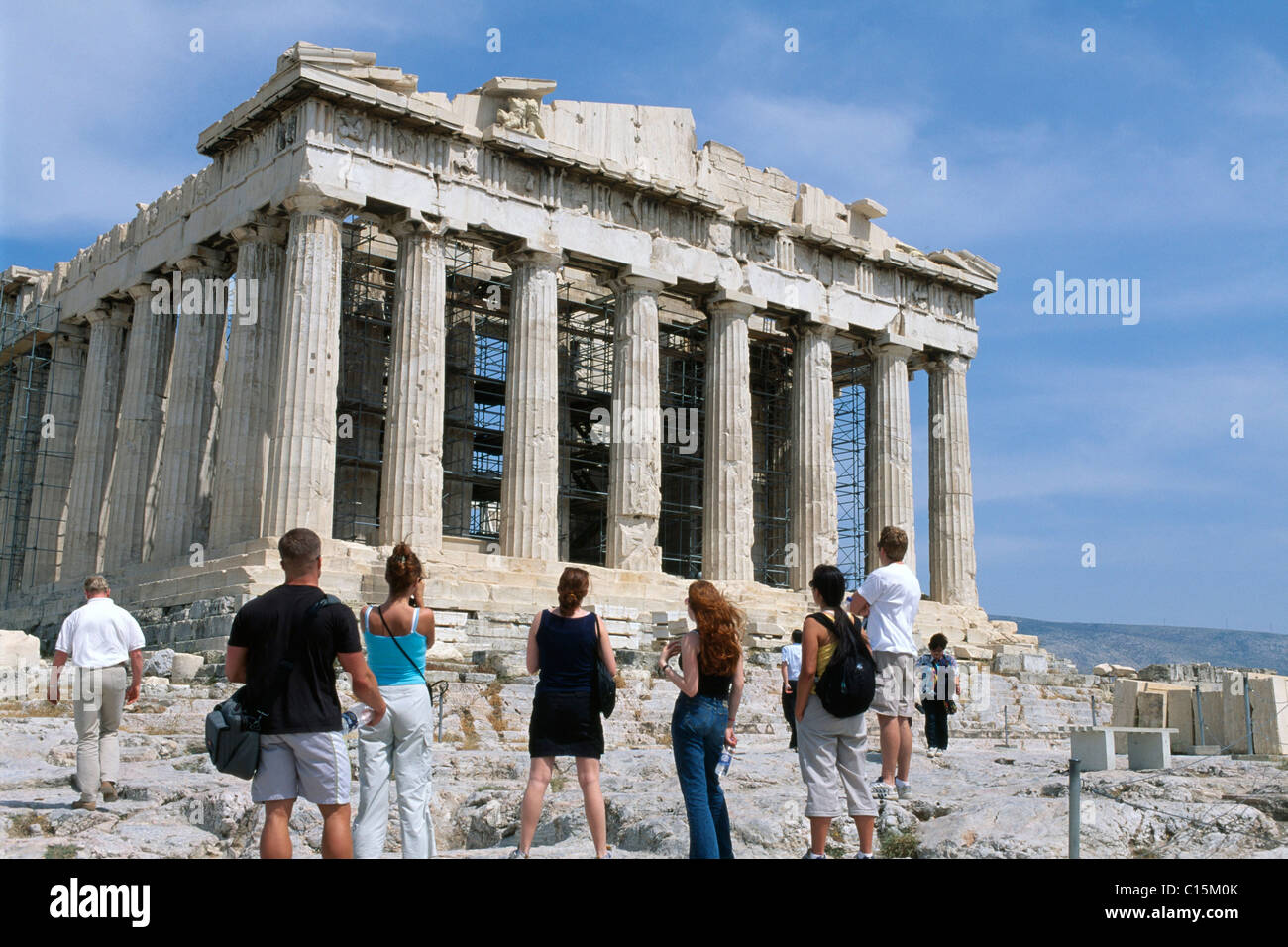 Tourists in front of the Parthenon Temple, Acropolis, Athens, Greece, Europe Stock Photo