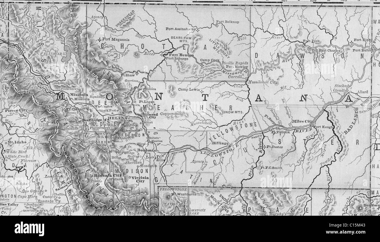 Old map of Montana from original geography textbook, 1884 Stock Photo 