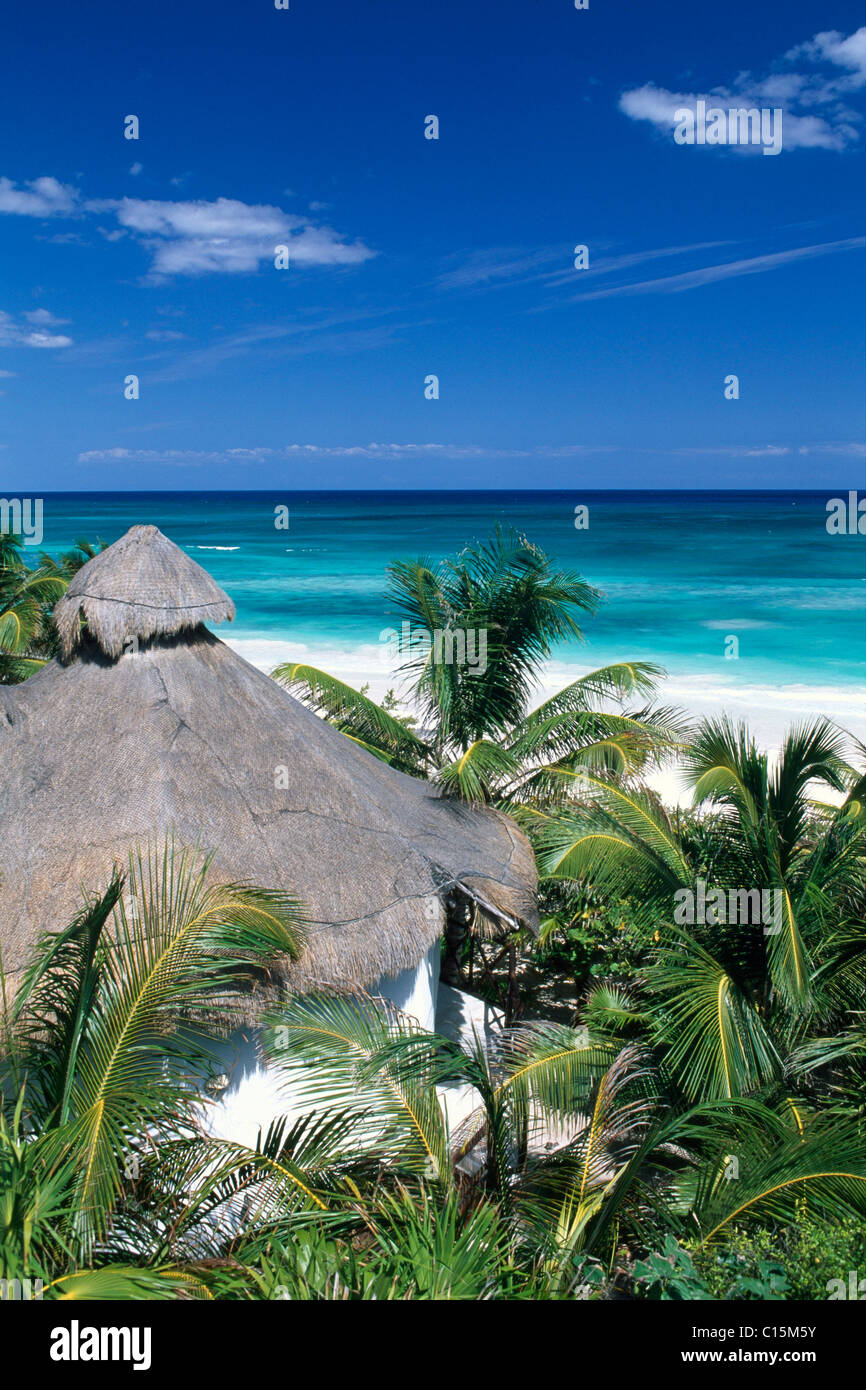 Looking down onto hotel hut in the Sian Ka'an biosphere reserve, Riviera Maya, Yucatan, Mexico, North America Stock Photo