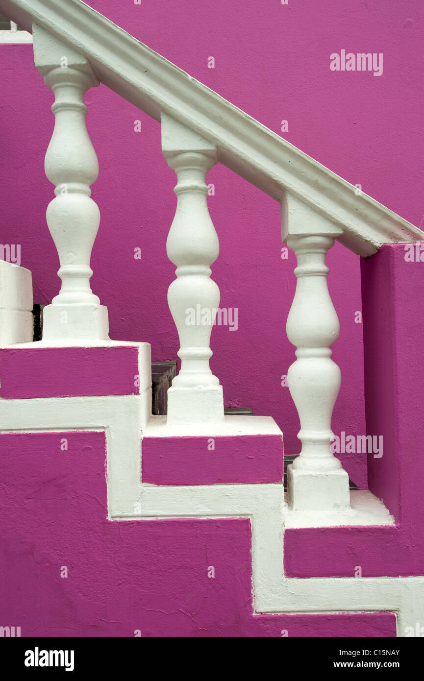 Pastel colored steps and railing in Bo-Kaap, Cape Town, South Africa Stock Photo