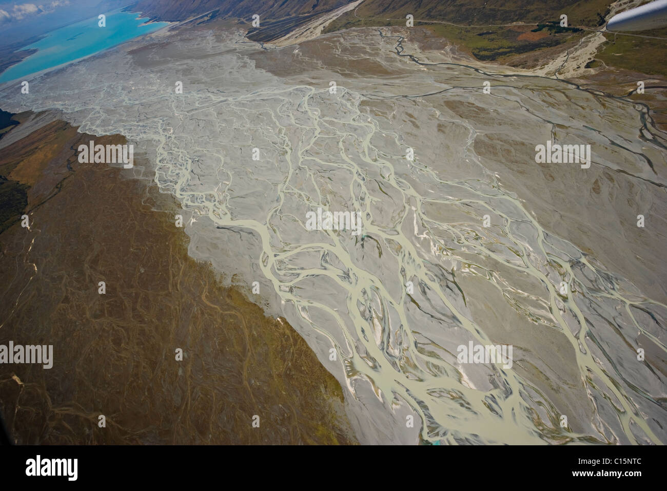Glacial water flowing into Lake Pukaki, south Island, New Zealand Stock Photo