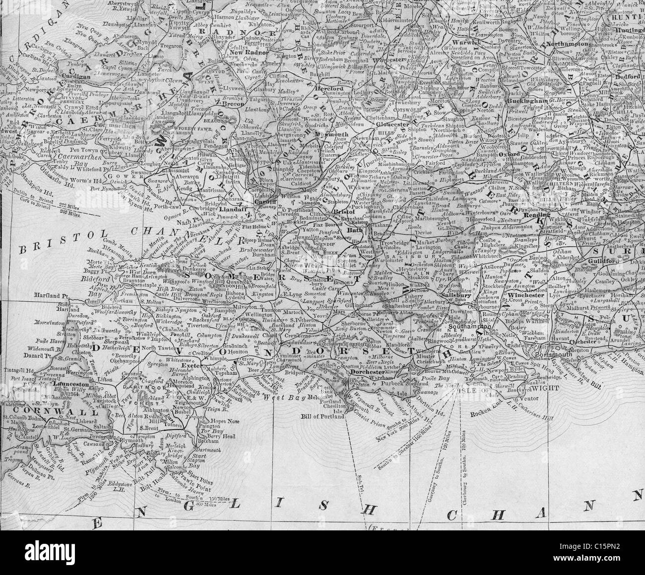 Old map of southwest england from original geography textbook, 1884 Stock Photo