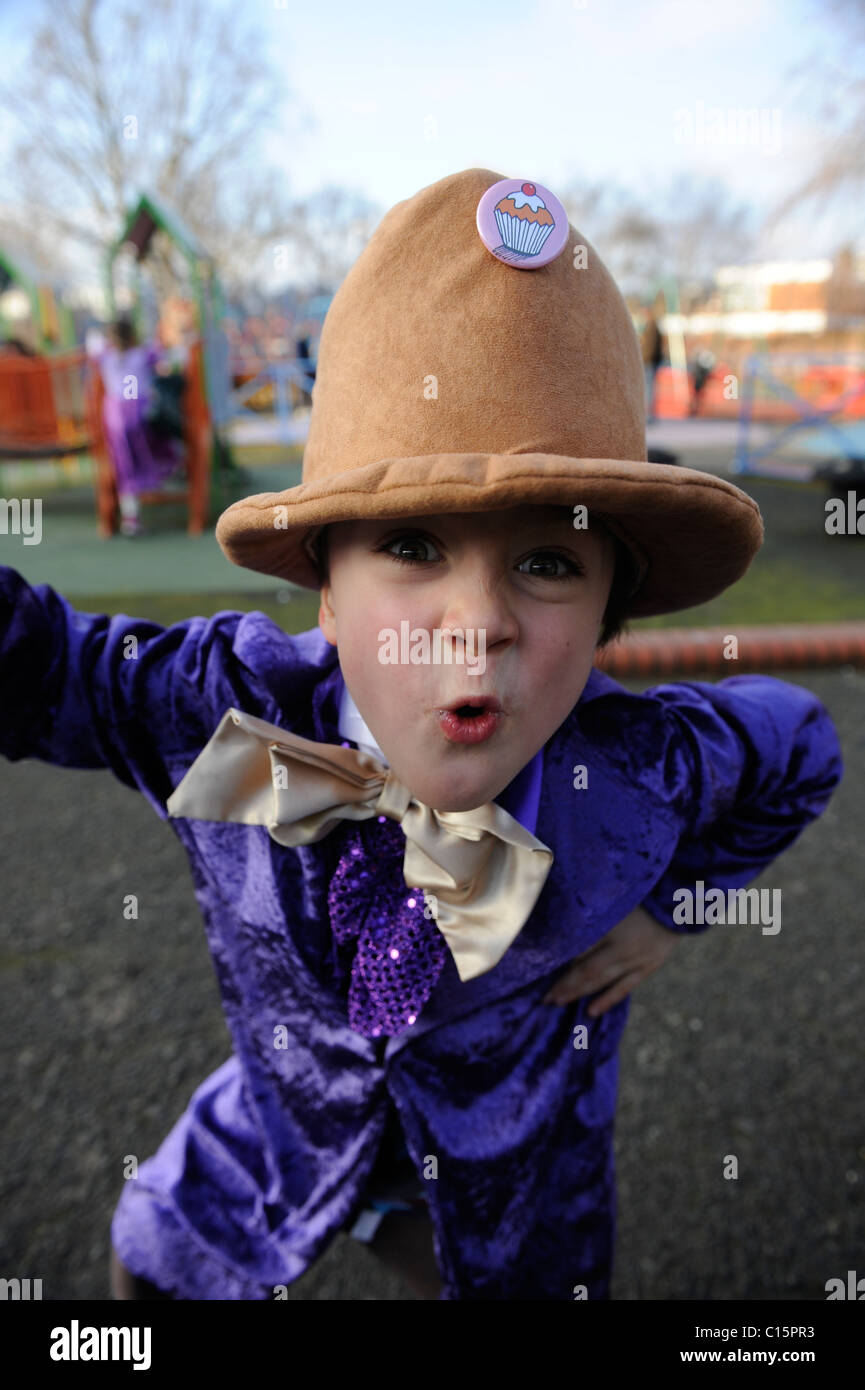 schoolboy dressed as Willy Wonka for world book day uk Stock Photo - Alamy