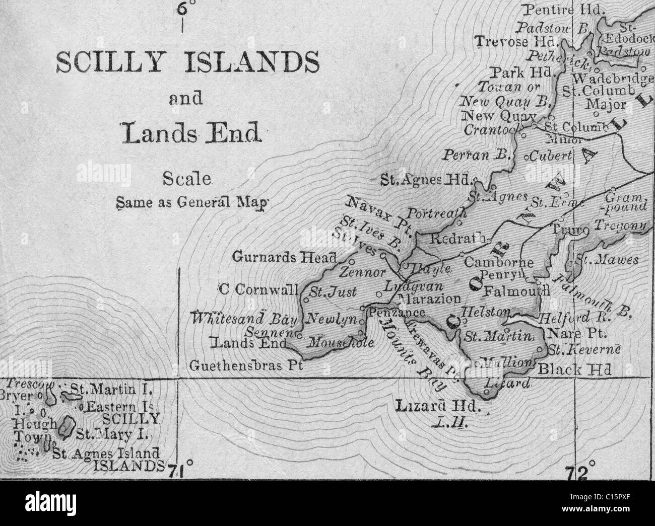 Old map of Scilly from original geography textbook, 1884 Stock Photo