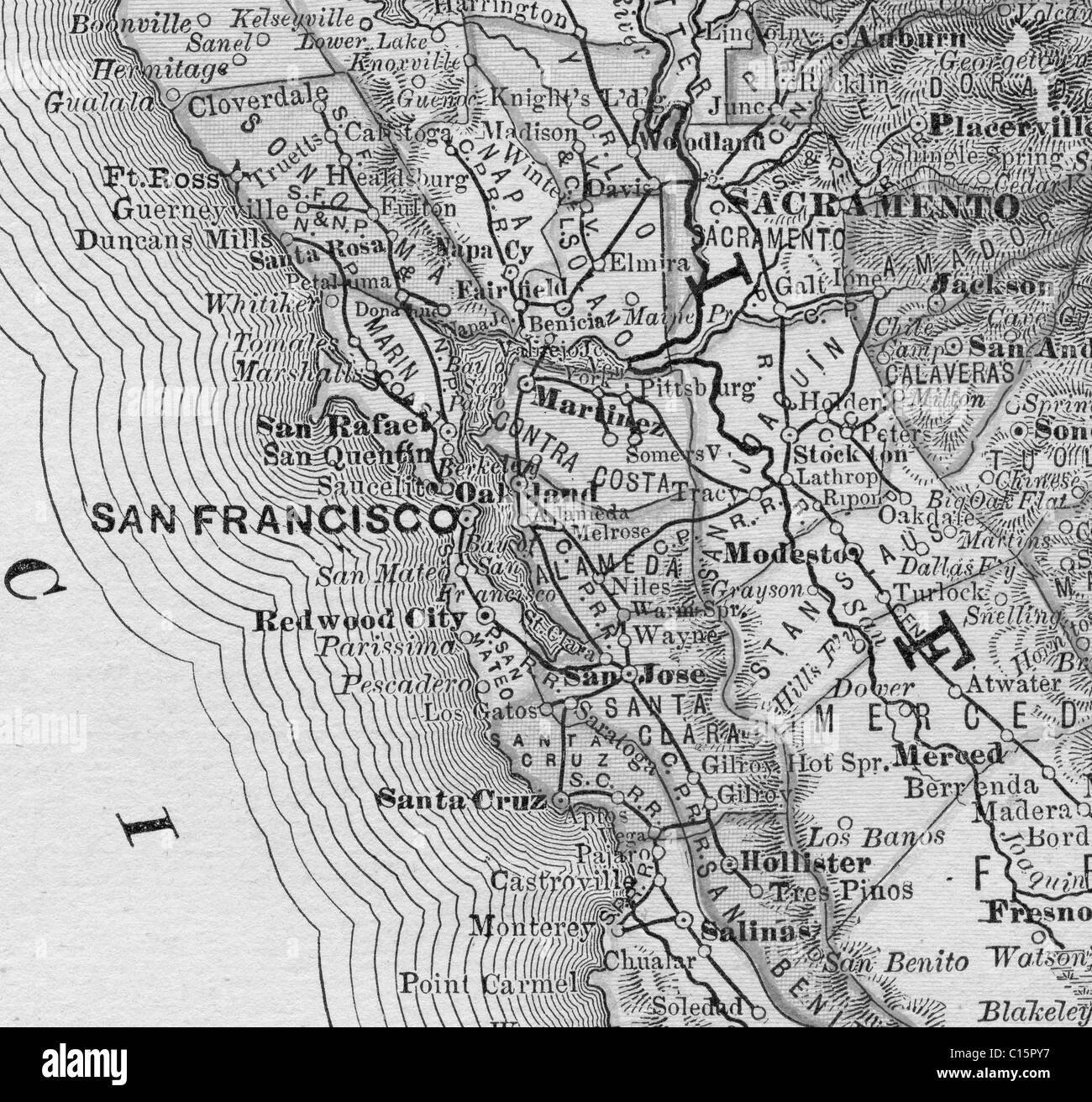 Old map of San Francisco from original geography textbook, 1884 Stock Photo