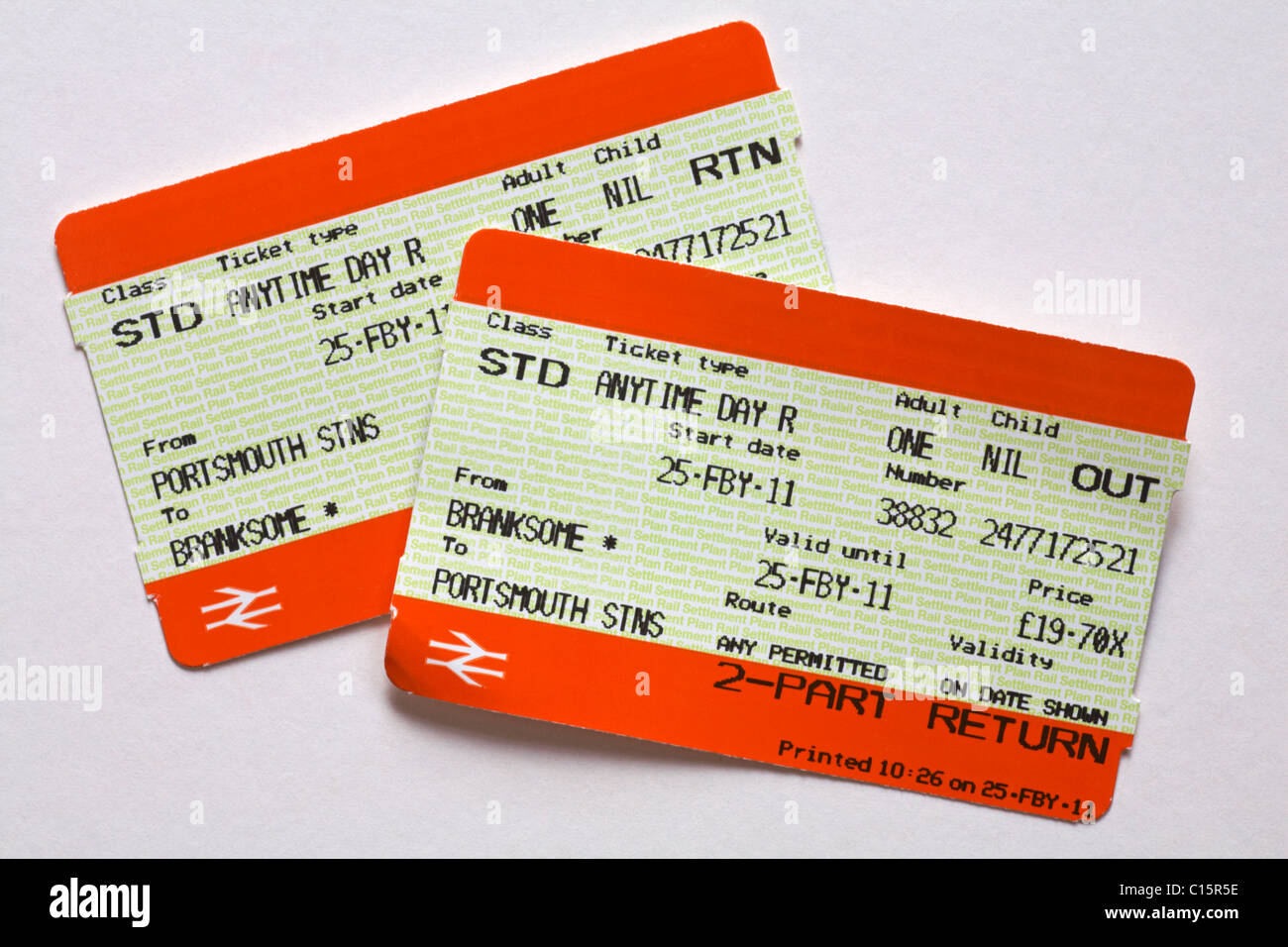 return train tickets for South West trains between Branksome and Portsmouth stations - outward ticket on top Stock Photo