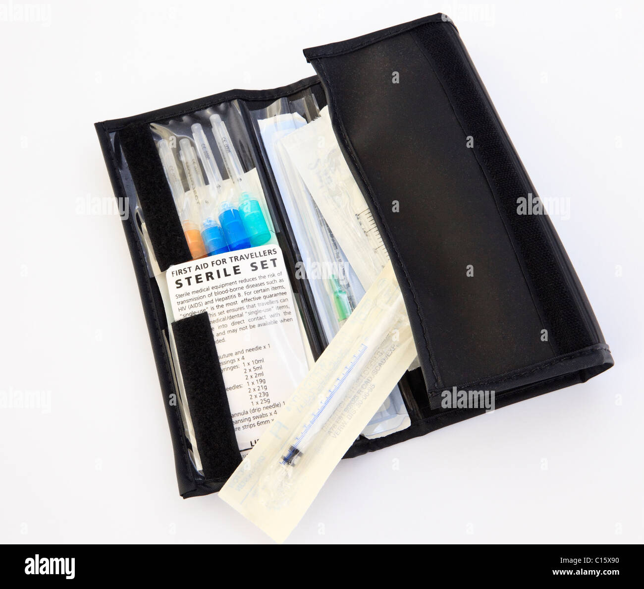 Travellers' personal sterile first aid kit with needles, syringes and