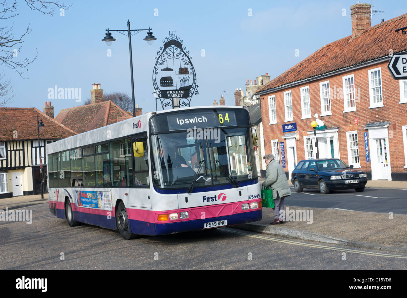 First bus on route to Ipswich, Wickham Market, Suffolk, UK. Stock Photo