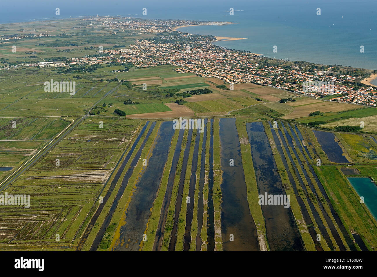 Aerial view of les claires between marsh and oyster bed on the east coast of Oleron island, Charente Maritime department, France Stock Photo