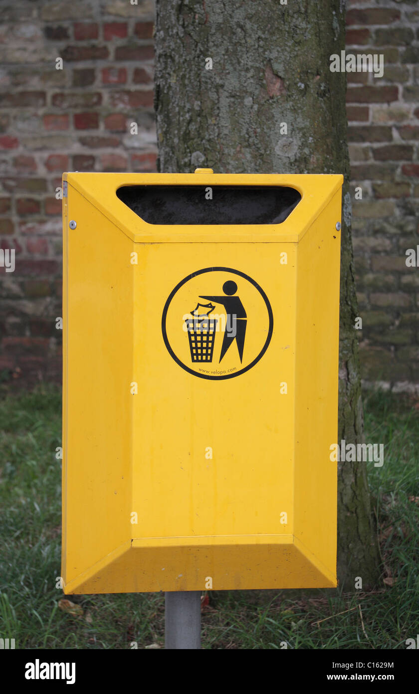 Standard yellow rubbish bin in the centre of Ieper (Ypres), Belgium