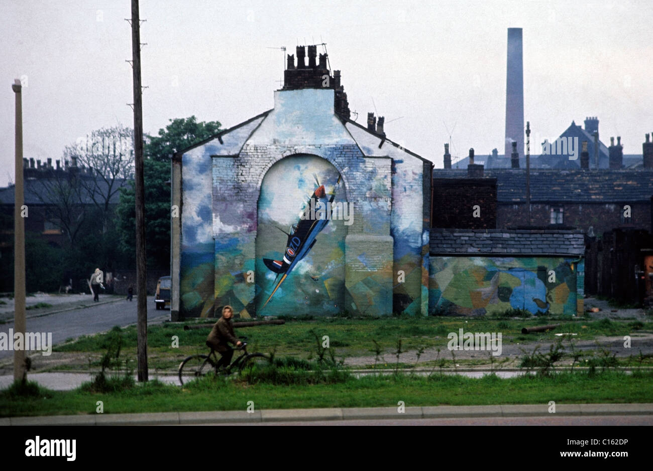 Spitfire plane wall painting artwork by artists Walter Kershaw and Eric Kean Lancashire North of England, UK 1975  KATHY DEWITT Stock Photo