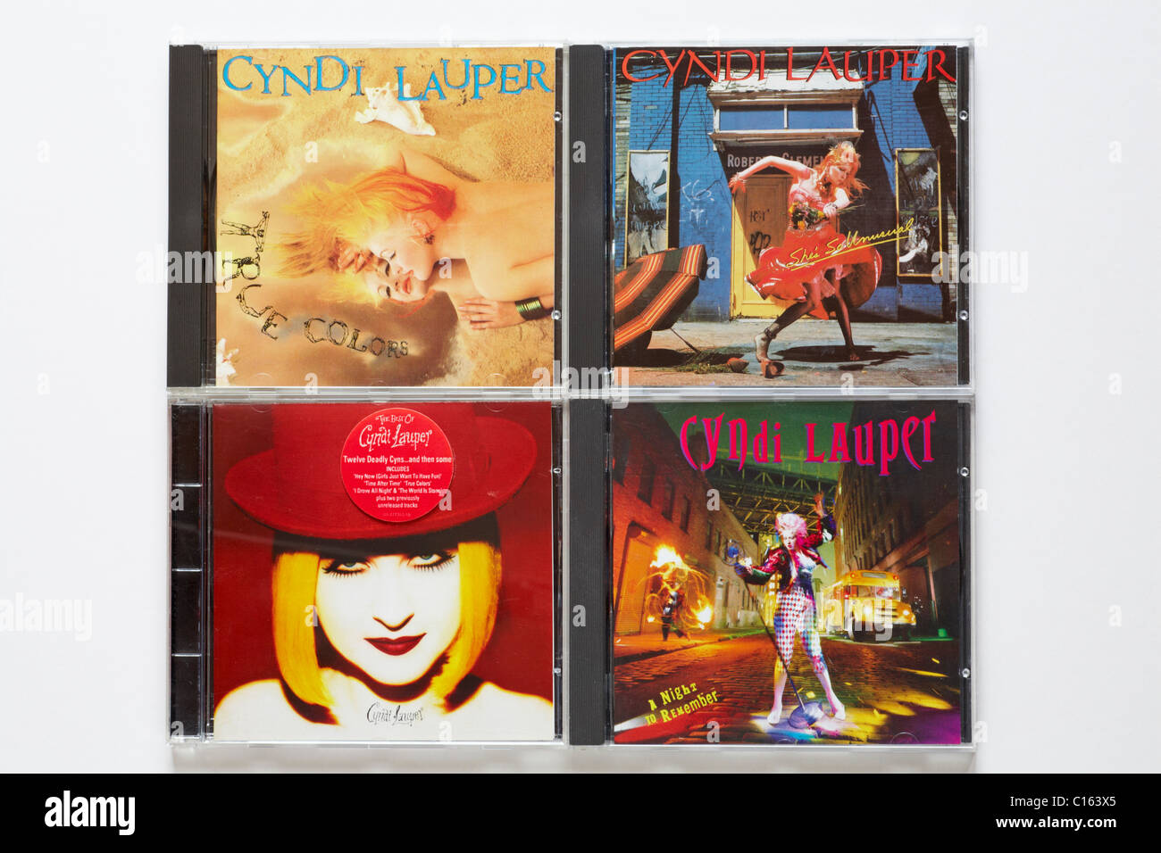 Selection of Cyndi Lauper CDs - True Colours, She's so Unusual, A Night to Remember, Best of Cyndi Lauper, including Girls just want to have Fun Stock Photo