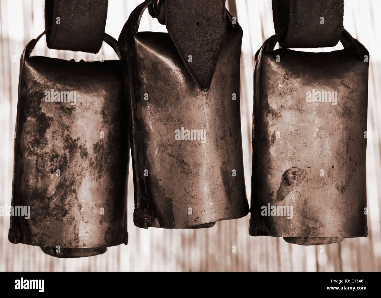 Cowbells on market stall. Stock Photo