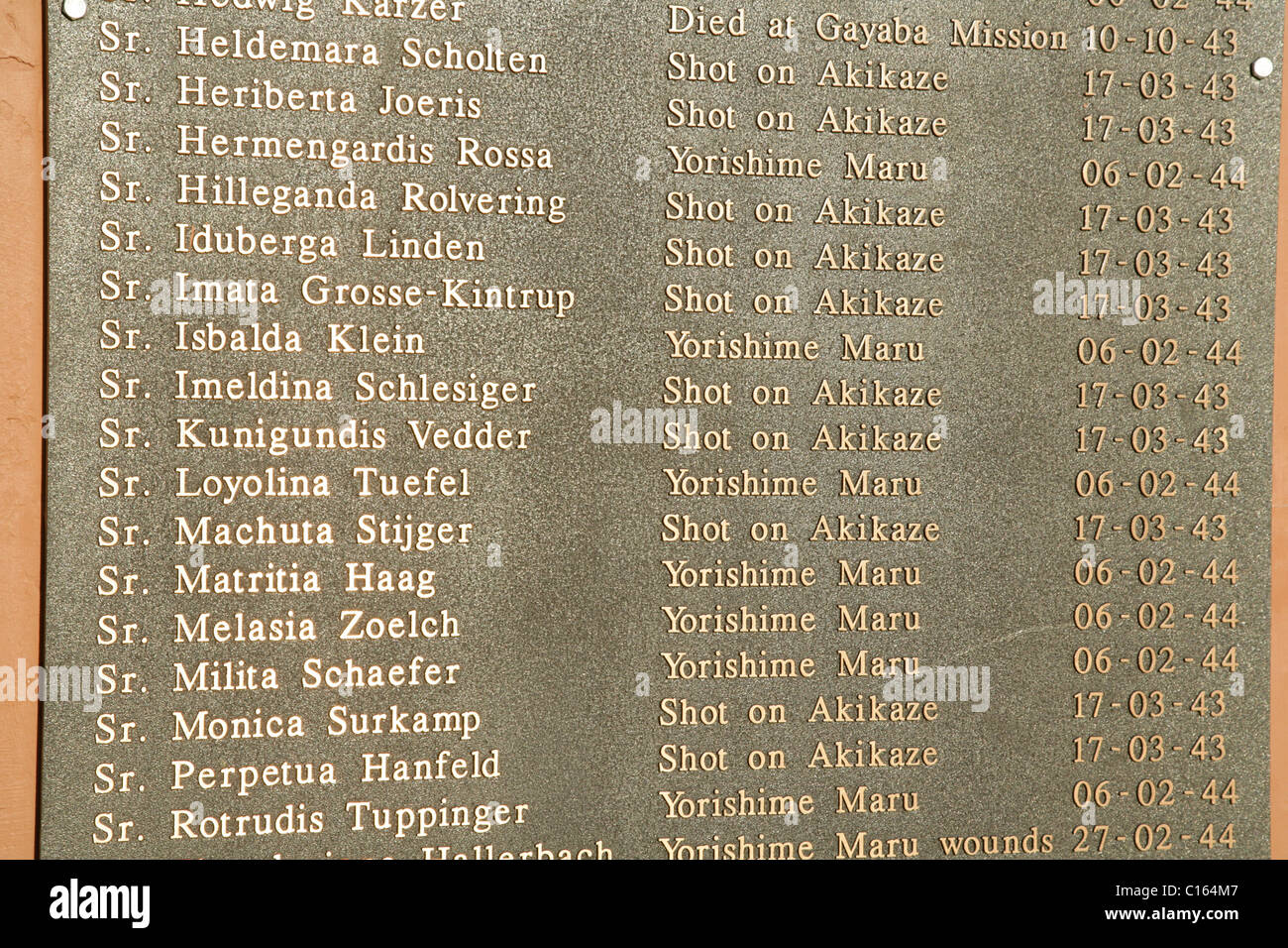 Commemorative plaque listing nuns murdered in WWII, Alexishafen, Madang, Papua New Guinea, Melanesia Stock Photo