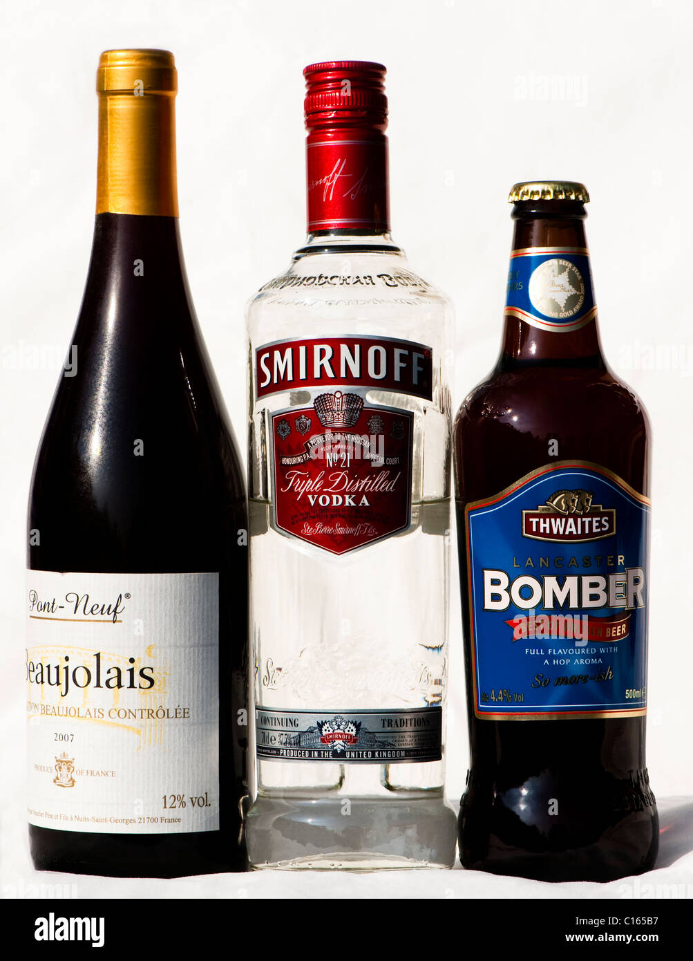 Bottles of wine, vodka and beer showing alcohol contents on labels