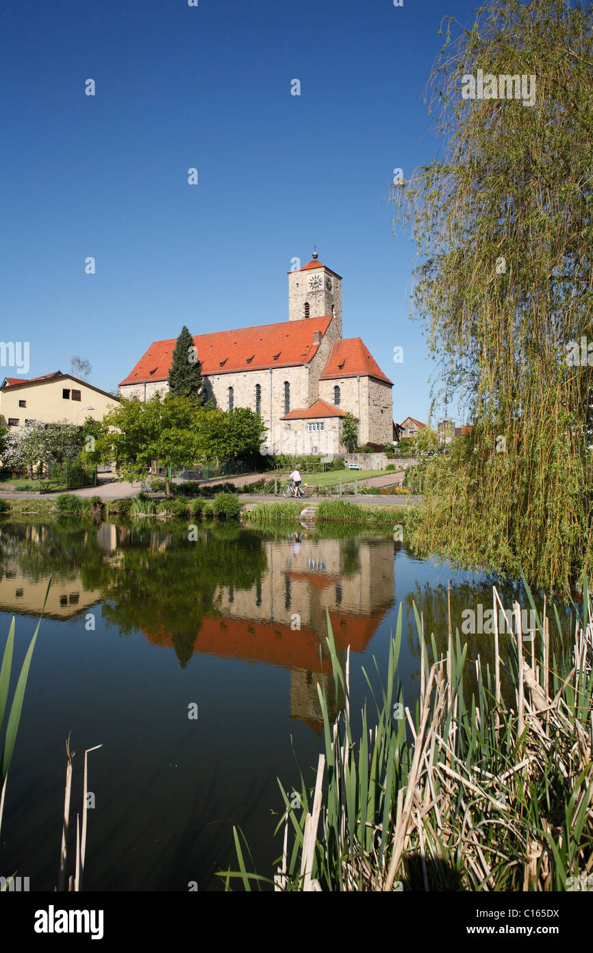 Village pond in Hohenroth, Rhoen-Grabfeld, Lower Franconia, Bavaria, Germany, Europe Stock Photo