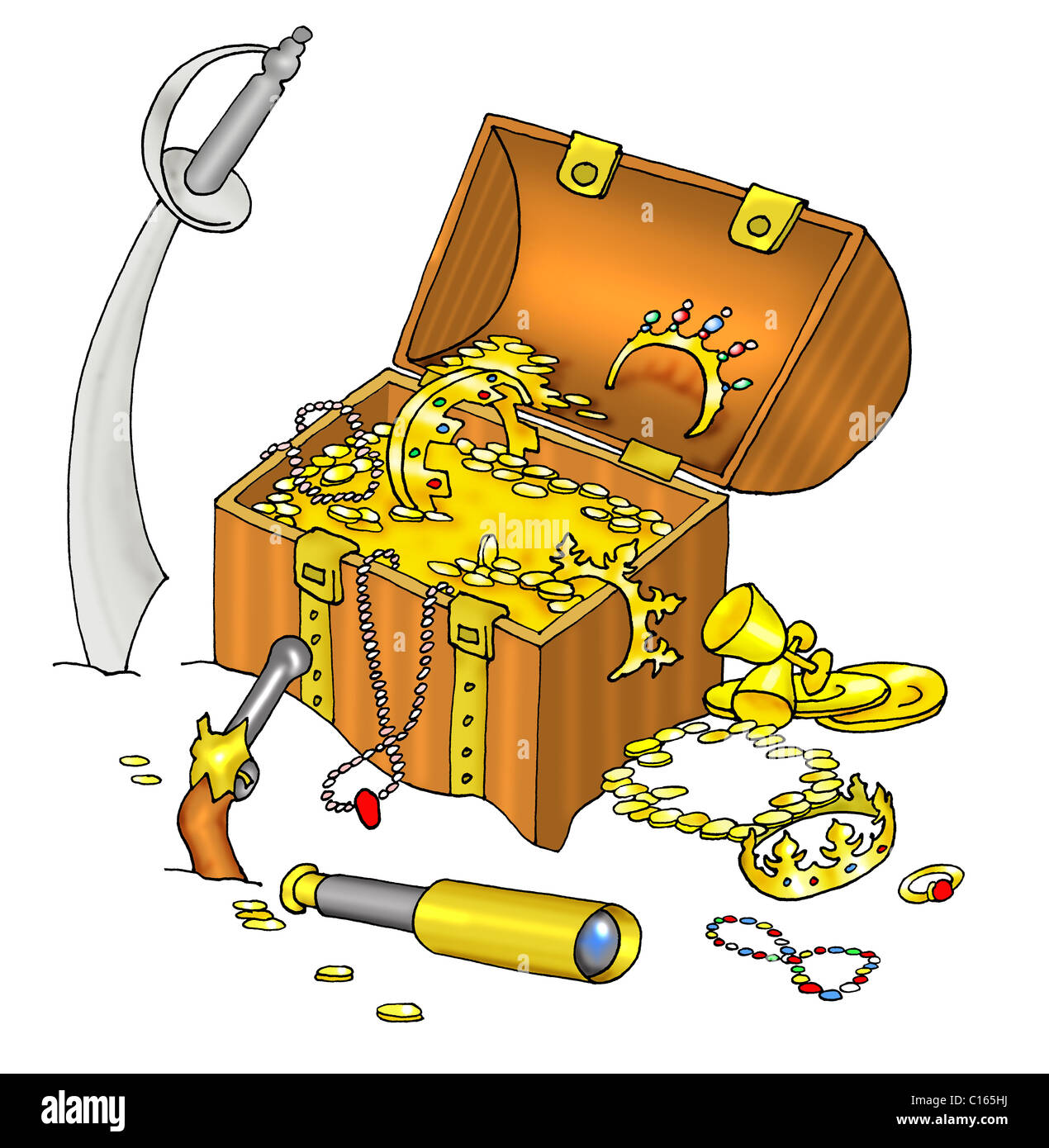 Pirate's treasure chest with gold, coins, crowns, cutlass and spyglass Stock Photo