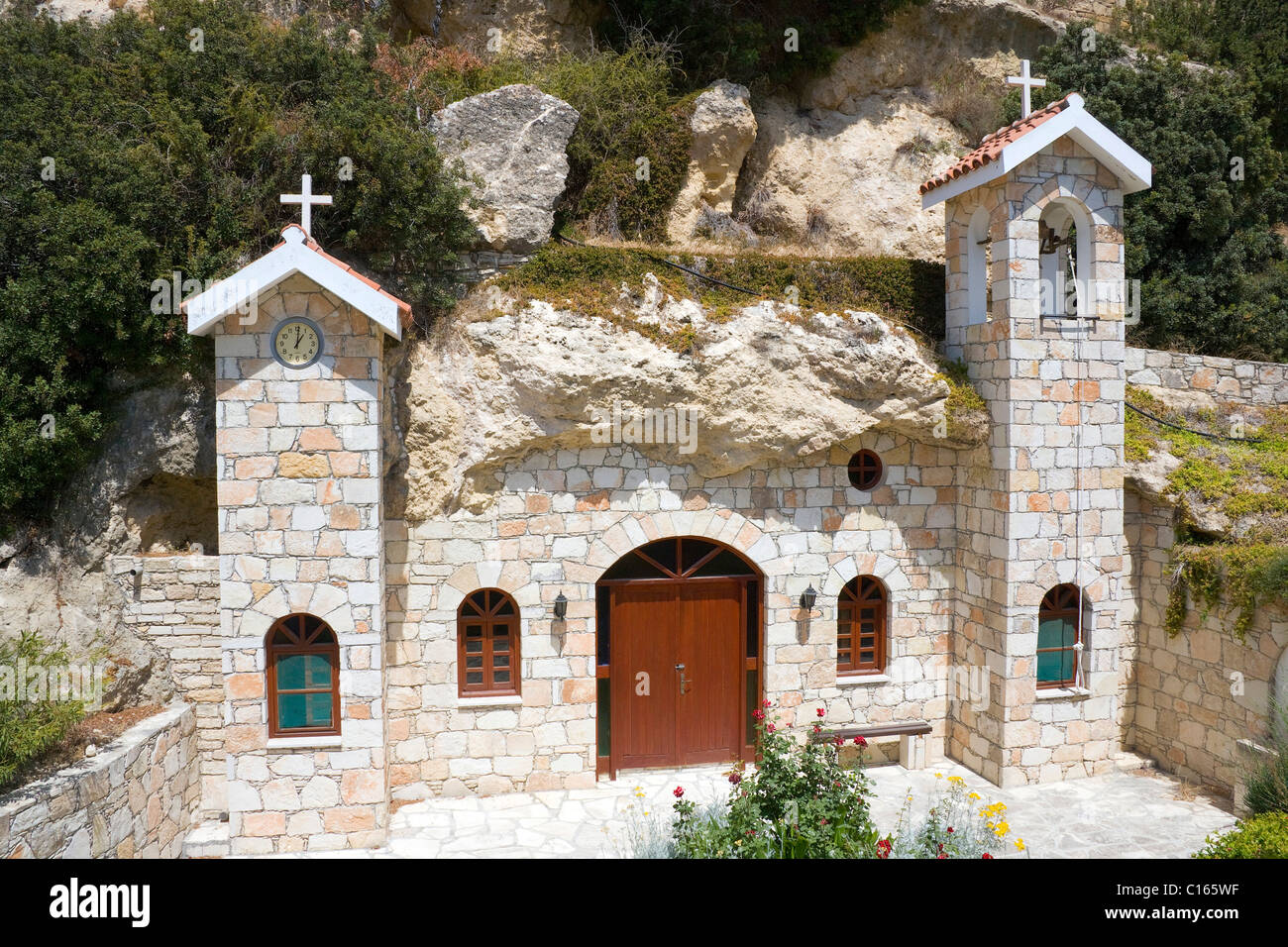 Chapel built into a rock cliff, Pissouri Bay, southern Cyprus, Europe Stock Photo