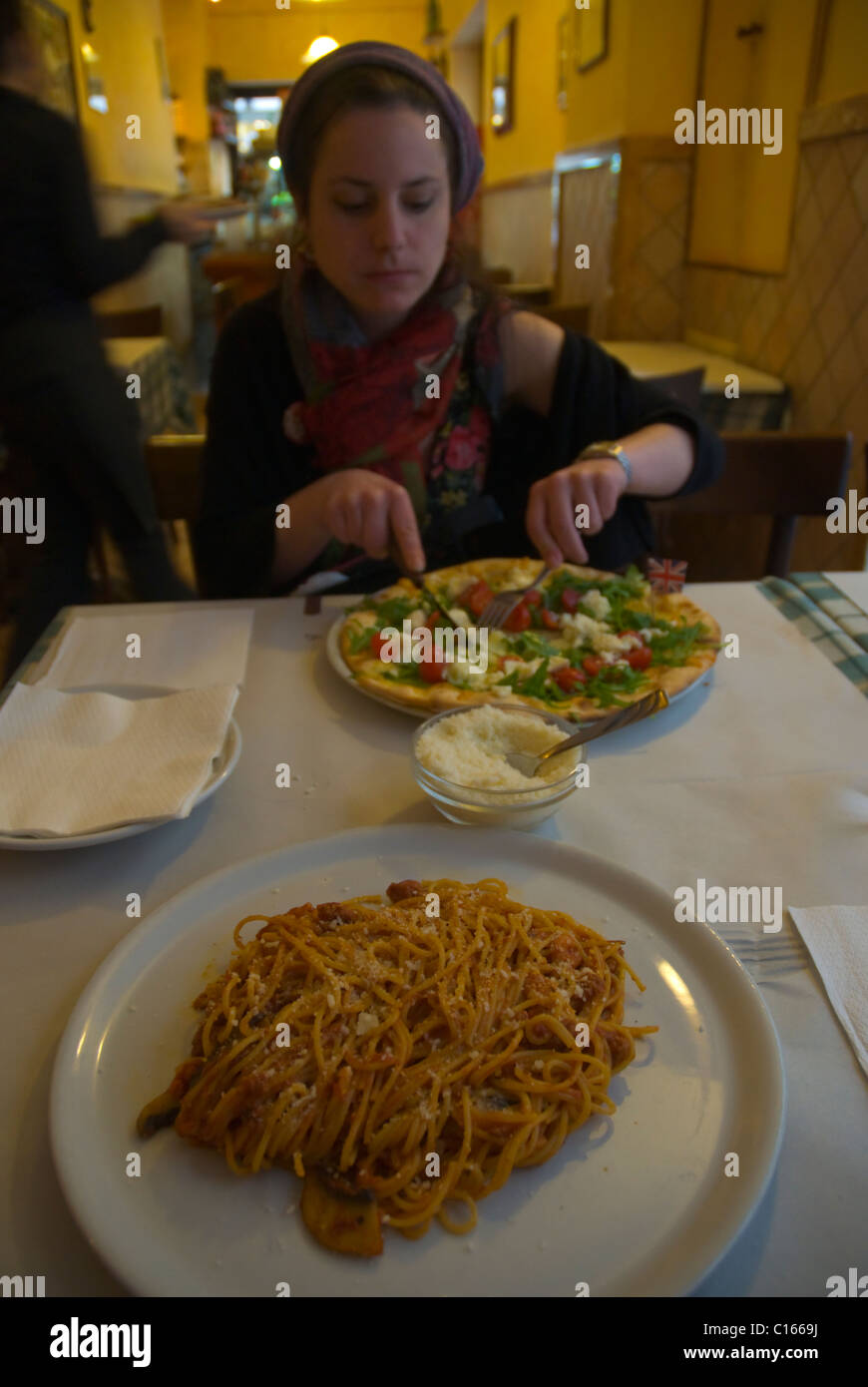 Seafood spaghetti dish and pizza centro storico the old town Rome Italy