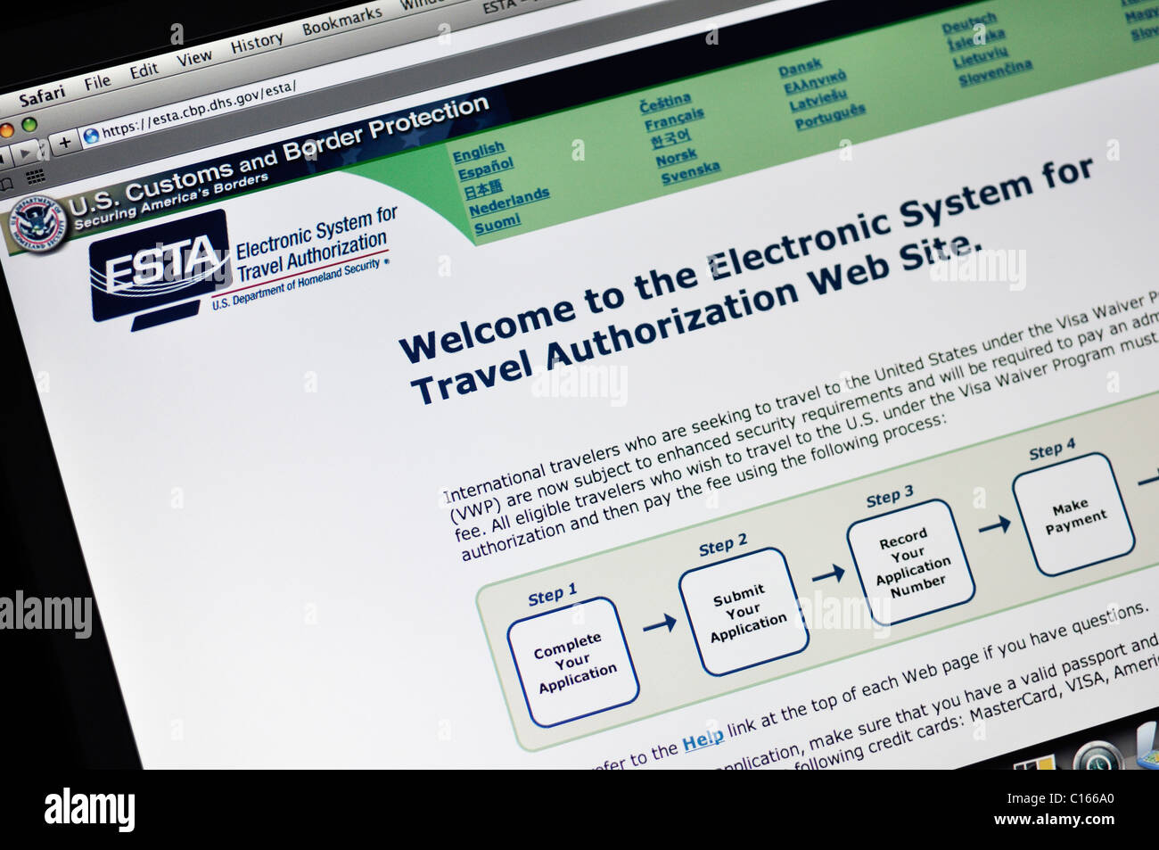 ESTA website - Electronic System for Travel Authorization Stock Photo