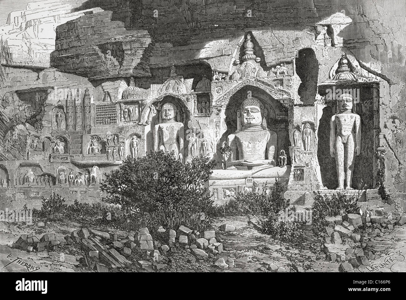 Jain Sculptures at the Gwalior Fort, Madhya Pradesh, India in the 19th century. From El Mundo en la Mano, published 1878. Stock Photo