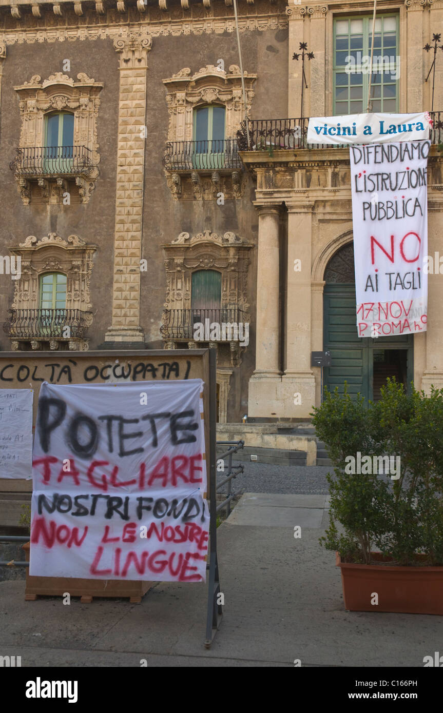 Banners with slogans outside university buildings central Catania Sicily Italy Europe Stock Photo