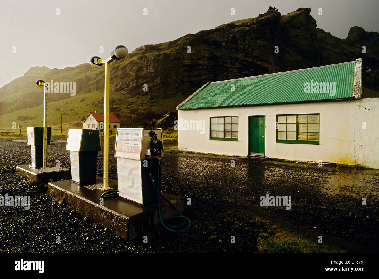 Solitary gas station, Ring Road near Hoefn, stormy mood, Iceland, Europe Stock Photo