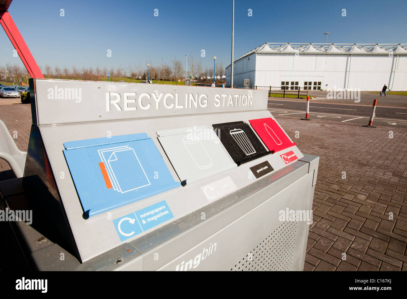 A recycling bin at the NEC, National Exbibition Centre in Birmingham
