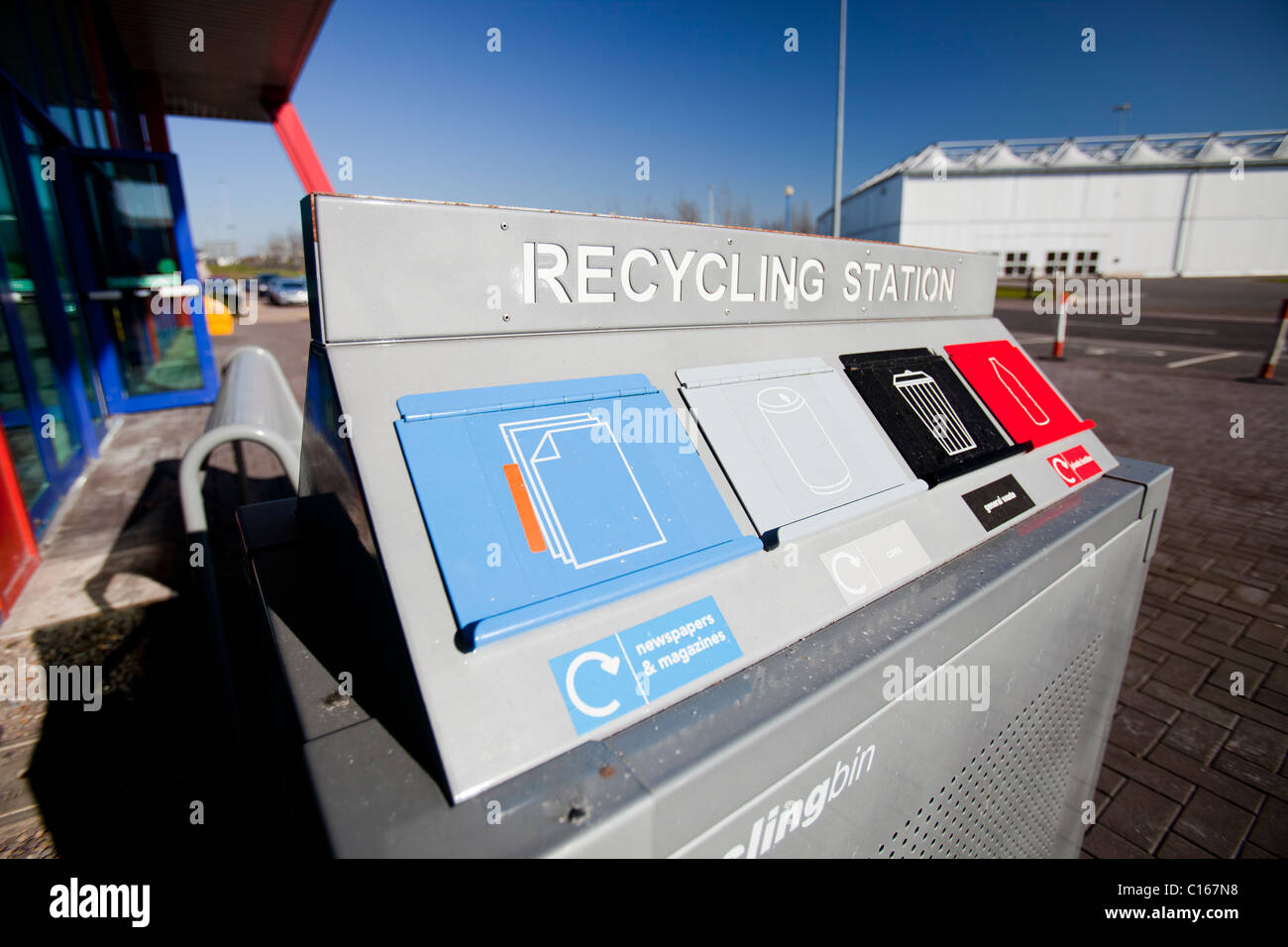 A recycling bin at the NEC, National Exbibition Centre in Birmingham