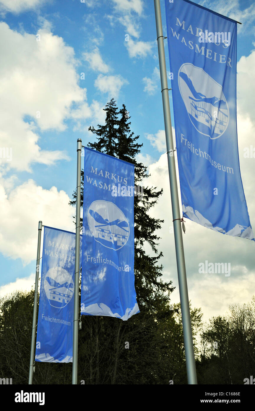 Flags, Markus Wasmeier Bauernhof- und Wintersportmuseum, Farmstead and Wintersport Museum, Lake Schliersee, Bavaria Stock Photo