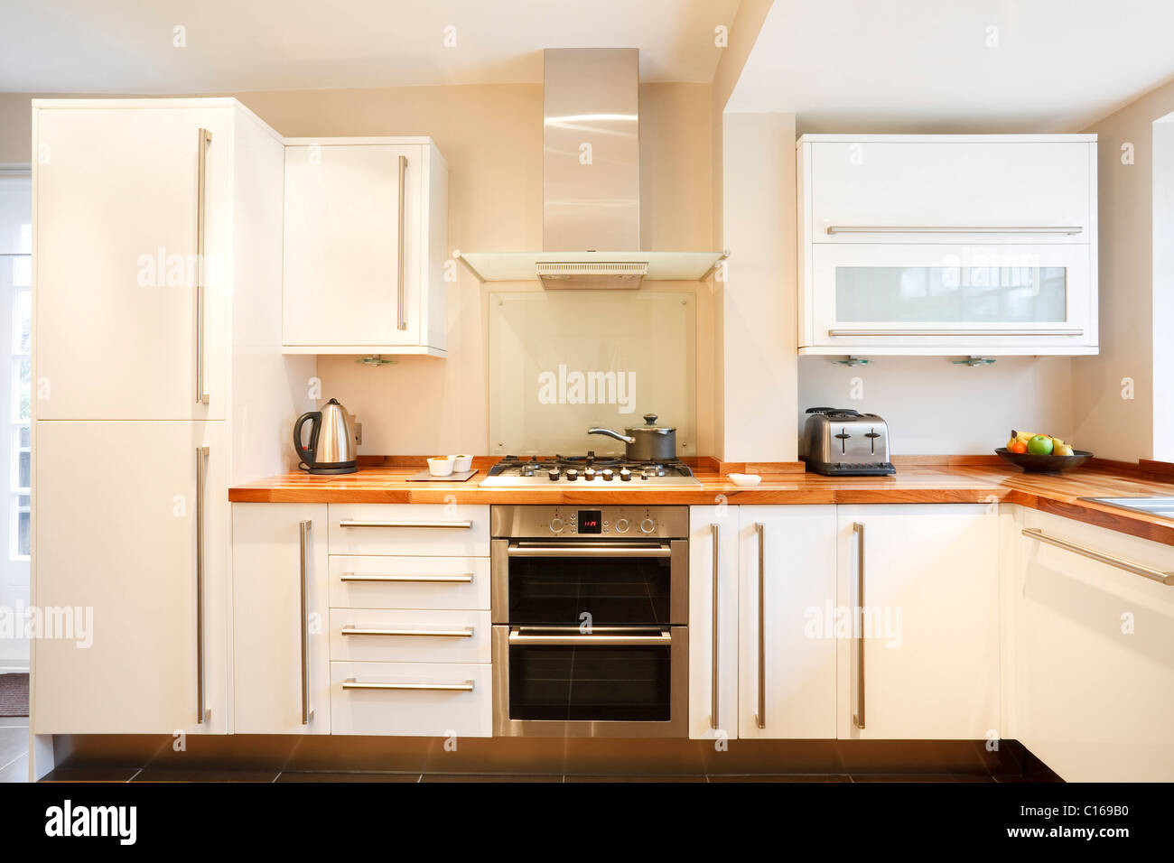 https://c8.alamy.com/comp/C169B0/modern-white-kitchen-with-wooden-worktops-and-stainless-steel-appliances-C169B0.jpg