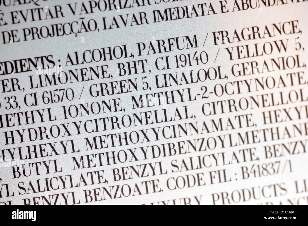 Ingredient list on perfume package Stock Photo