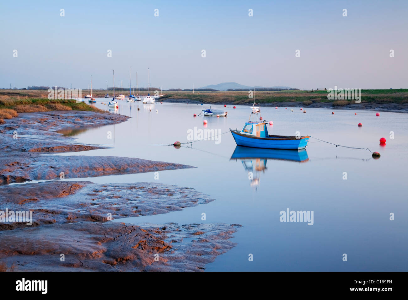 River Axe Estuary near Uphill with Brent Knoll in the distance. Somerset. England. UK. Stock Photo