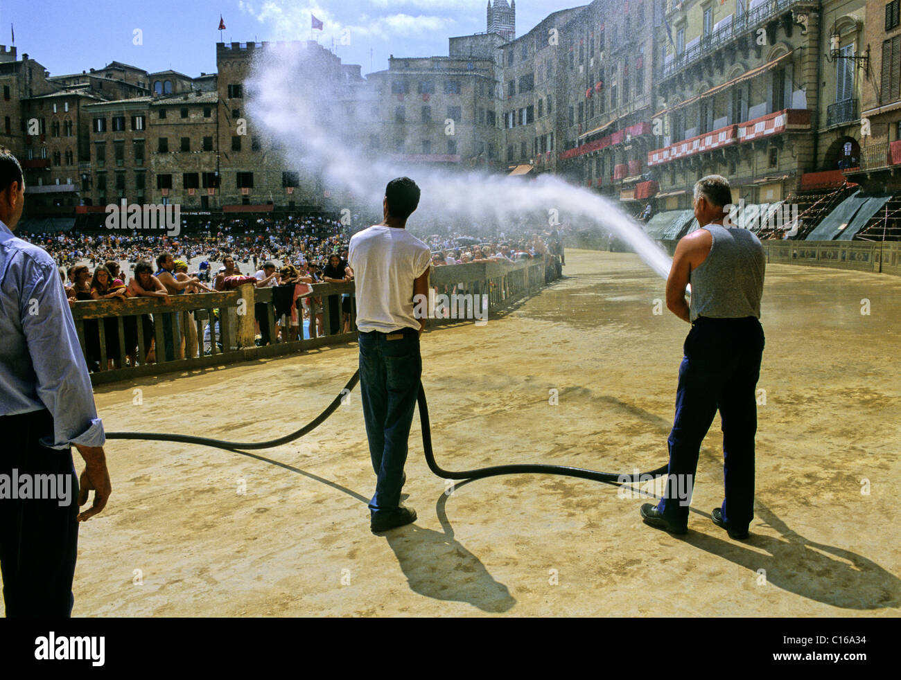 Historic Palio horse race, preparation of the track, Piazza Il Campo, Sienna, Tuscany, Italy, Europe Stock Photo