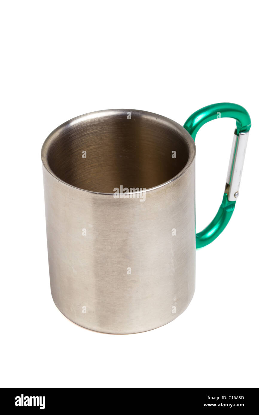 Stainless steel camping mug with carabiner handle isolated on white. Stock Photo