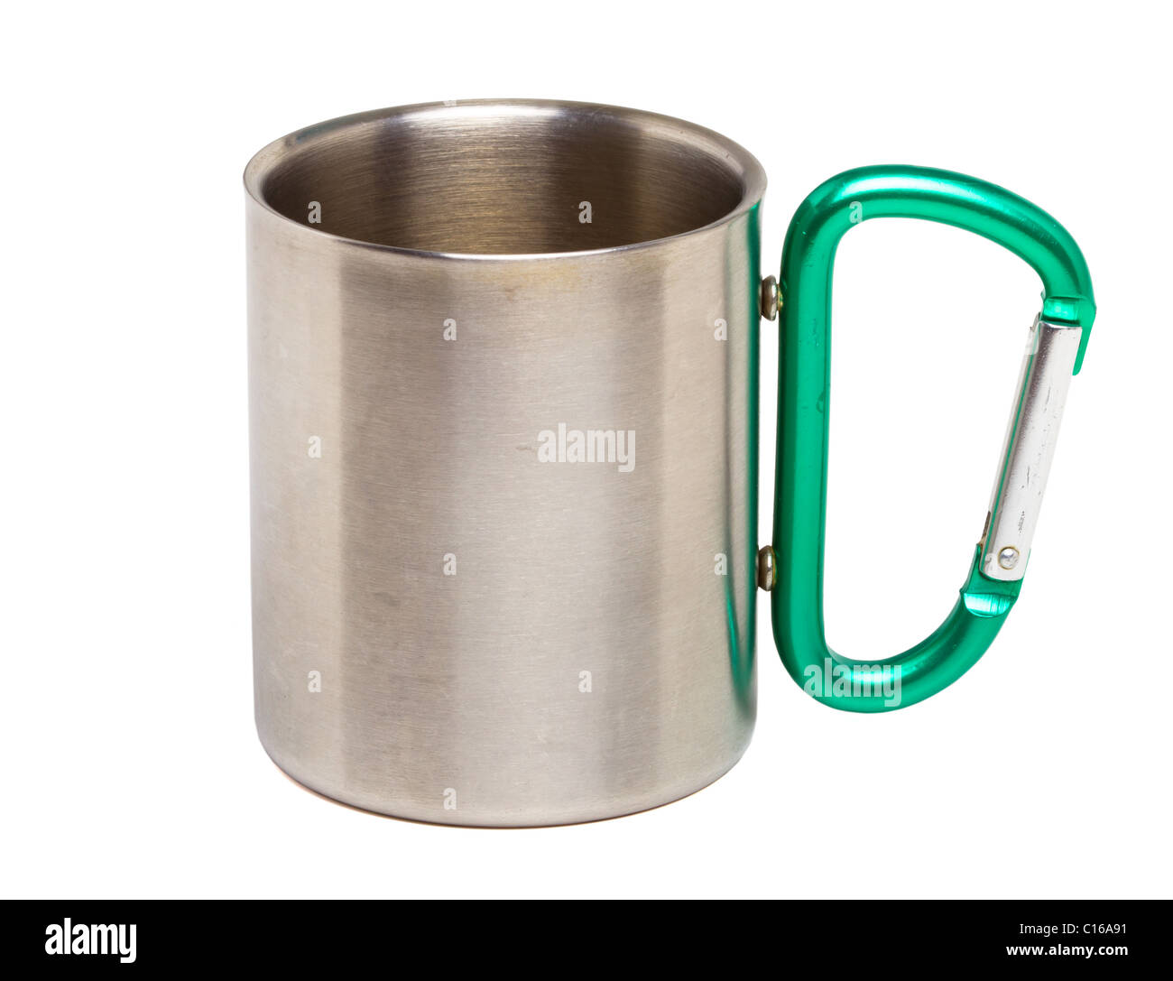 Stainless steel camping mug with carabiner handle isolated on white. Stock Photo