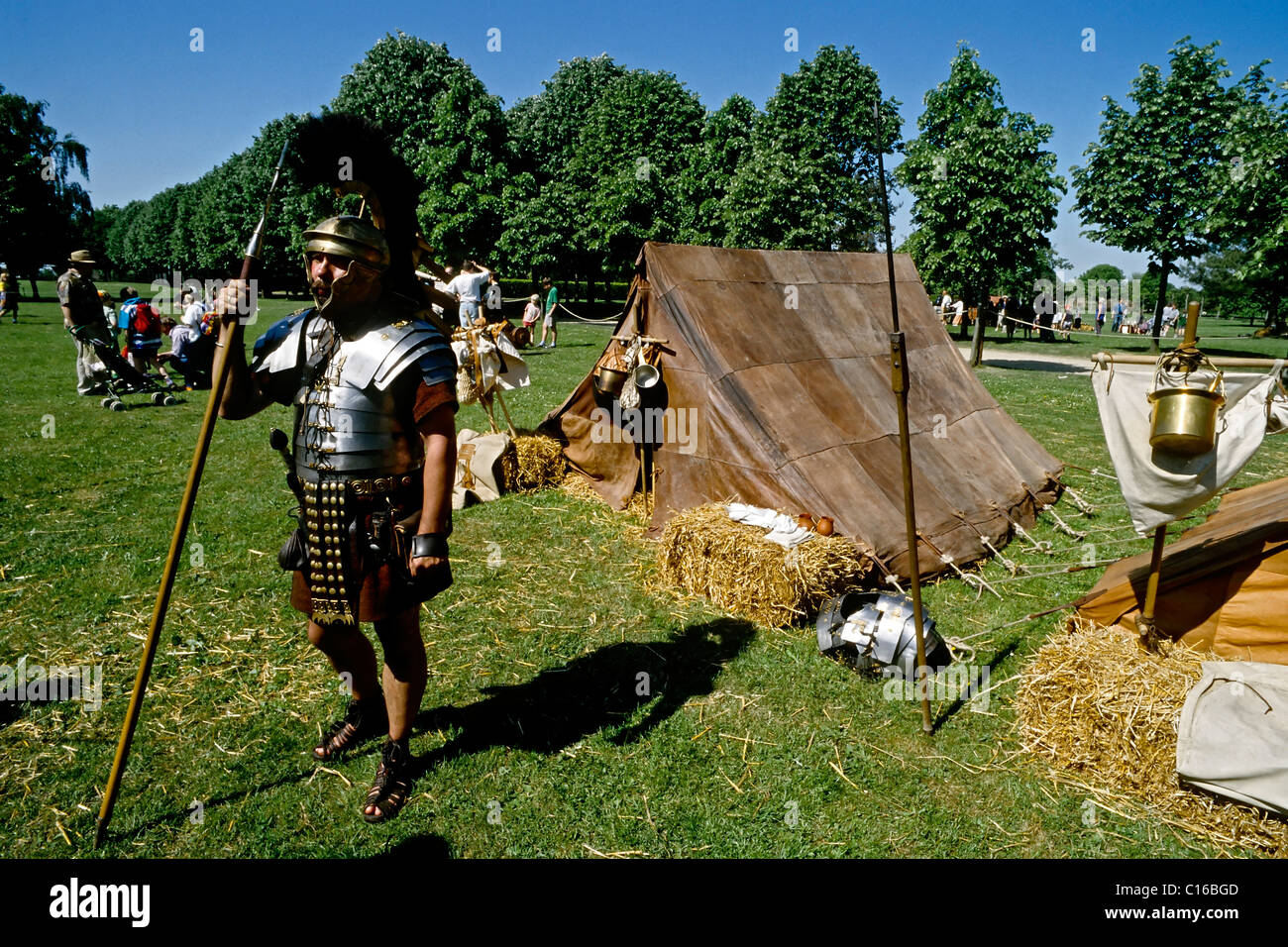 Man in roman legionaires uniform guarding the camp, roman convention at the Xanten Archaeological Park, Lower Rhine Stock Photo