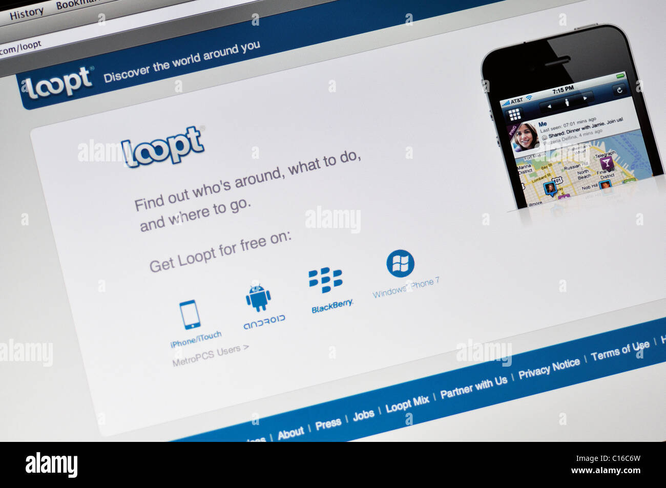 Loopt website - GPS sharing system that allows users to visualize one another using their cell phones network Stock Photo