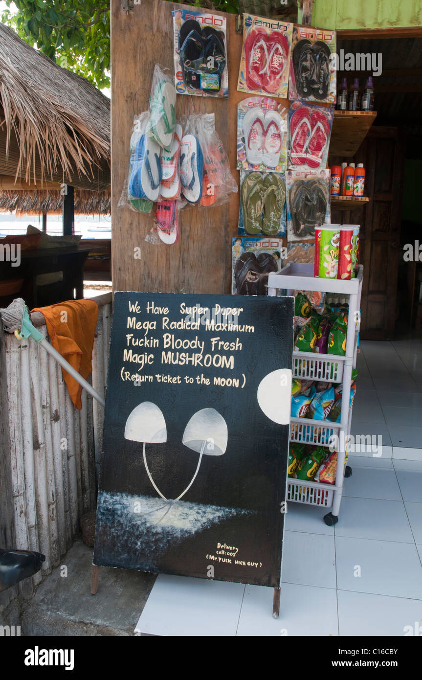 Sign advertising psychedelic mushrooms on the island of Gili Trawangan near Lombok Indonesia Stock Photo