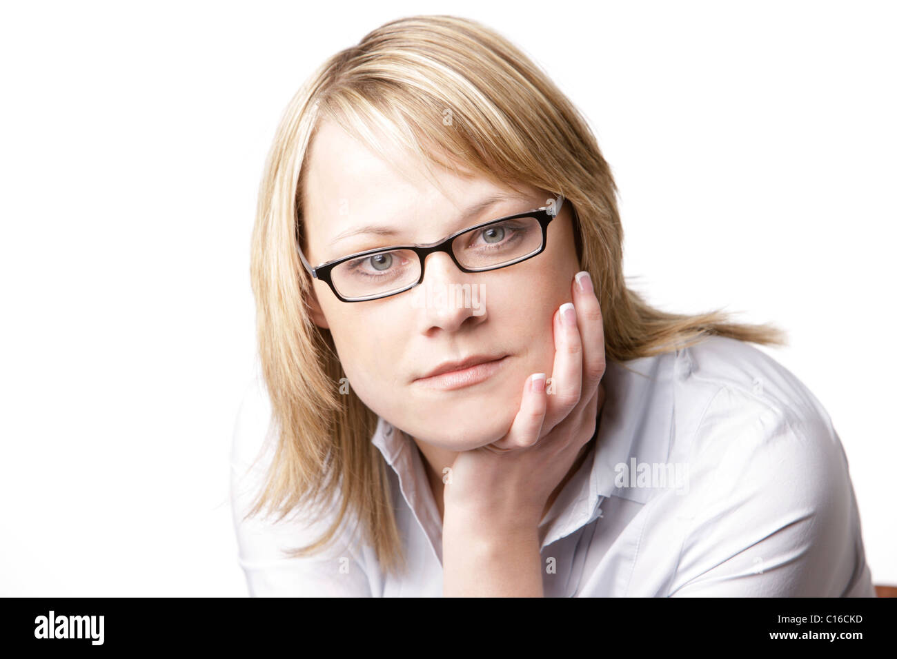 Blonde Woman Wearing A White Blouse And Glasses Stock Photo Alamy