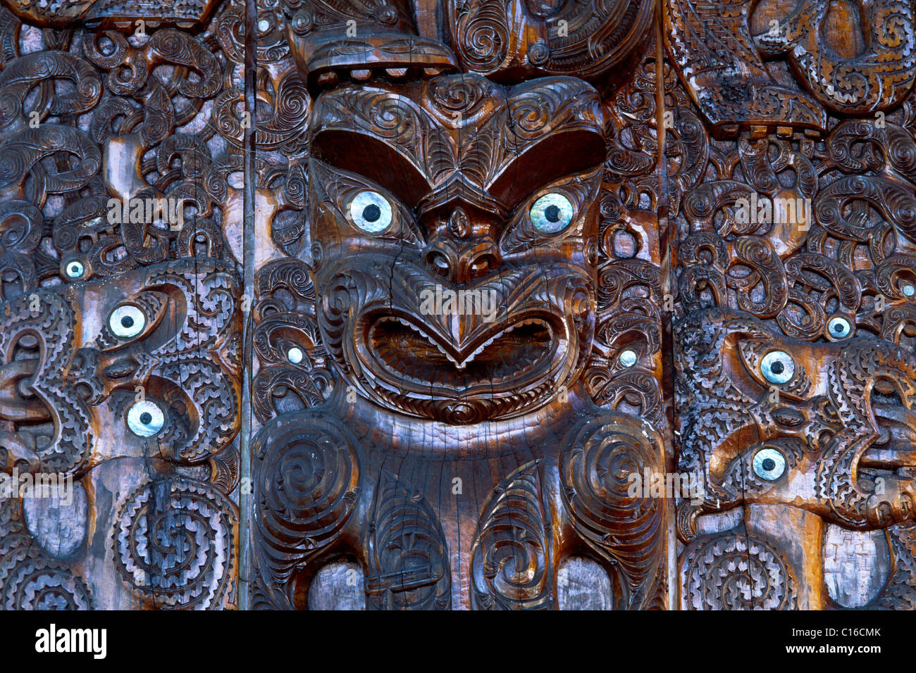 Maori wood carving, North Island, New Zealand Stock Photo