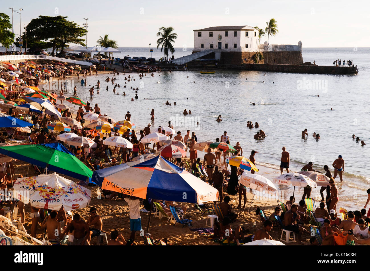 Praia Porto da Barra, the main beach of Salvador, with Forte Santa Maria fort, Salvador de Bahia, Bahia, Brazil, South America Stock Photo