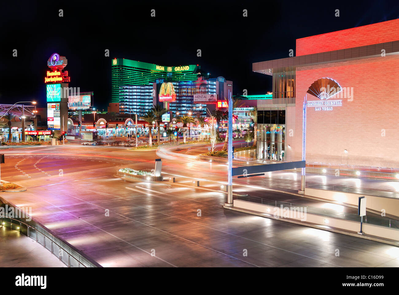 Polo Towers and MGM Grand Hotel and Casino, Las Vegas, with illuminated street and traffic. Stock Photo