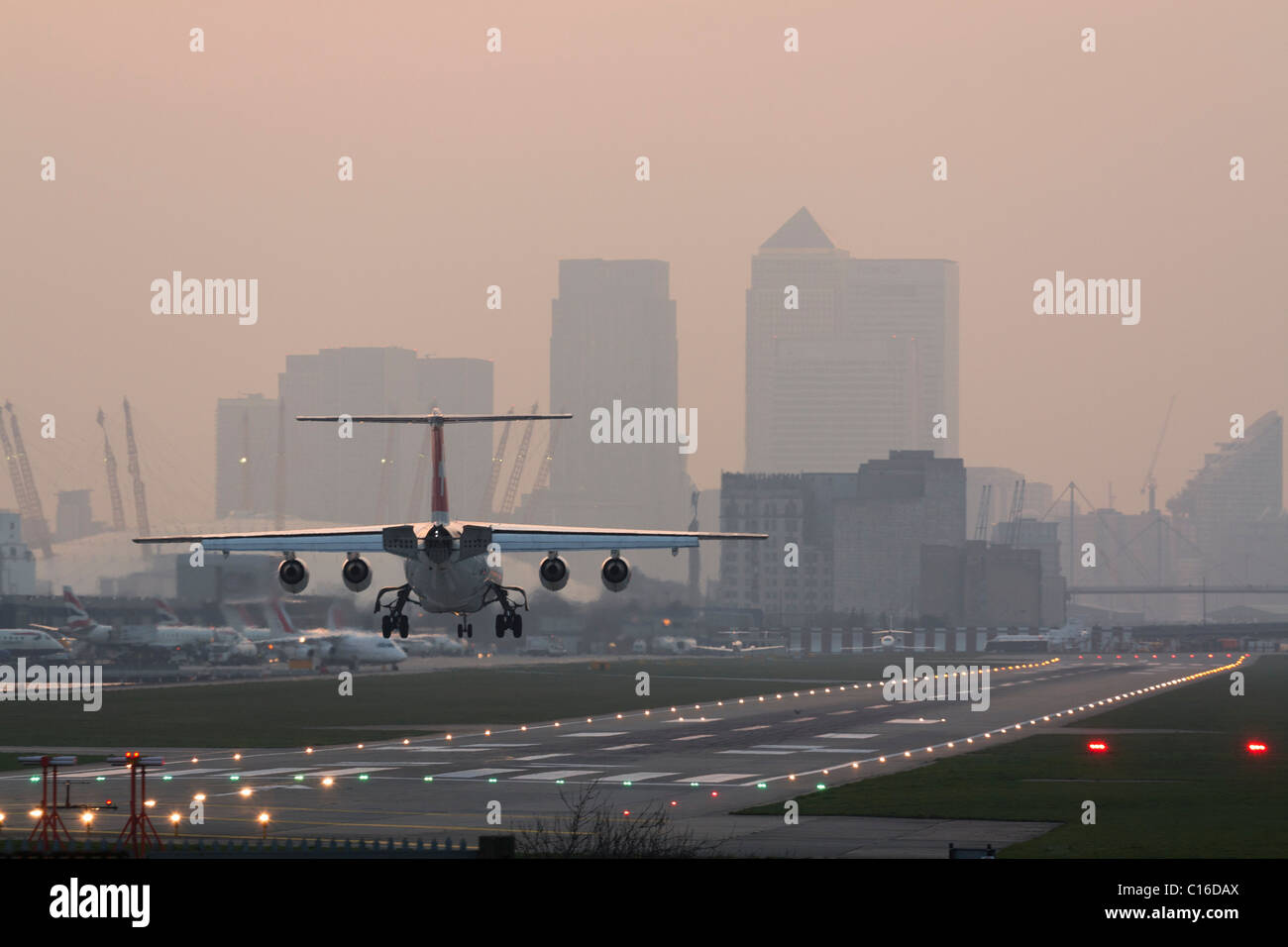 BAe 146 Landing - London City Airport - Docklands Stock Photo