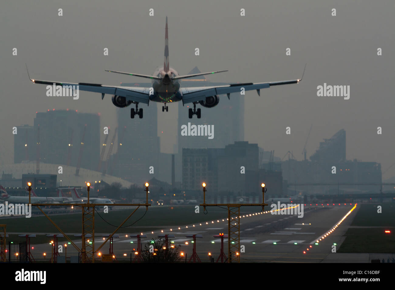 Airbus A318 Landing - London City Airport - Docklands Stock Photo