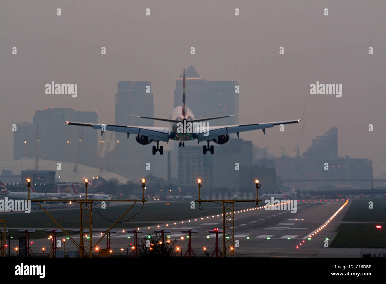 Airbus A318 Landing - London City Airport - Docklands Stock Photo