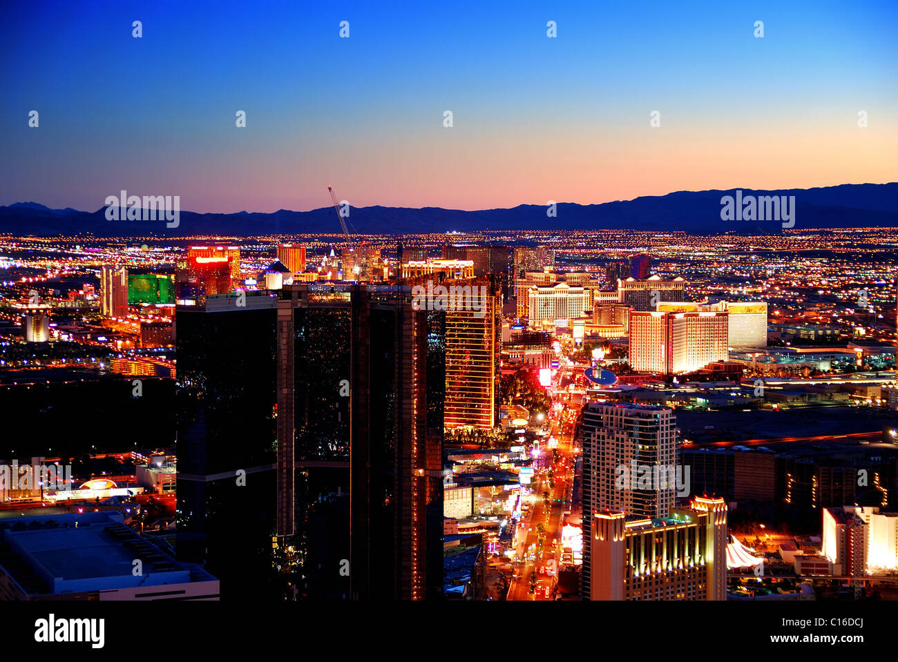 Las Vegas strip skyline at sunset with hotel illuminated, March 3, 2010 in Las Vegas, Nevada. Stock Photo