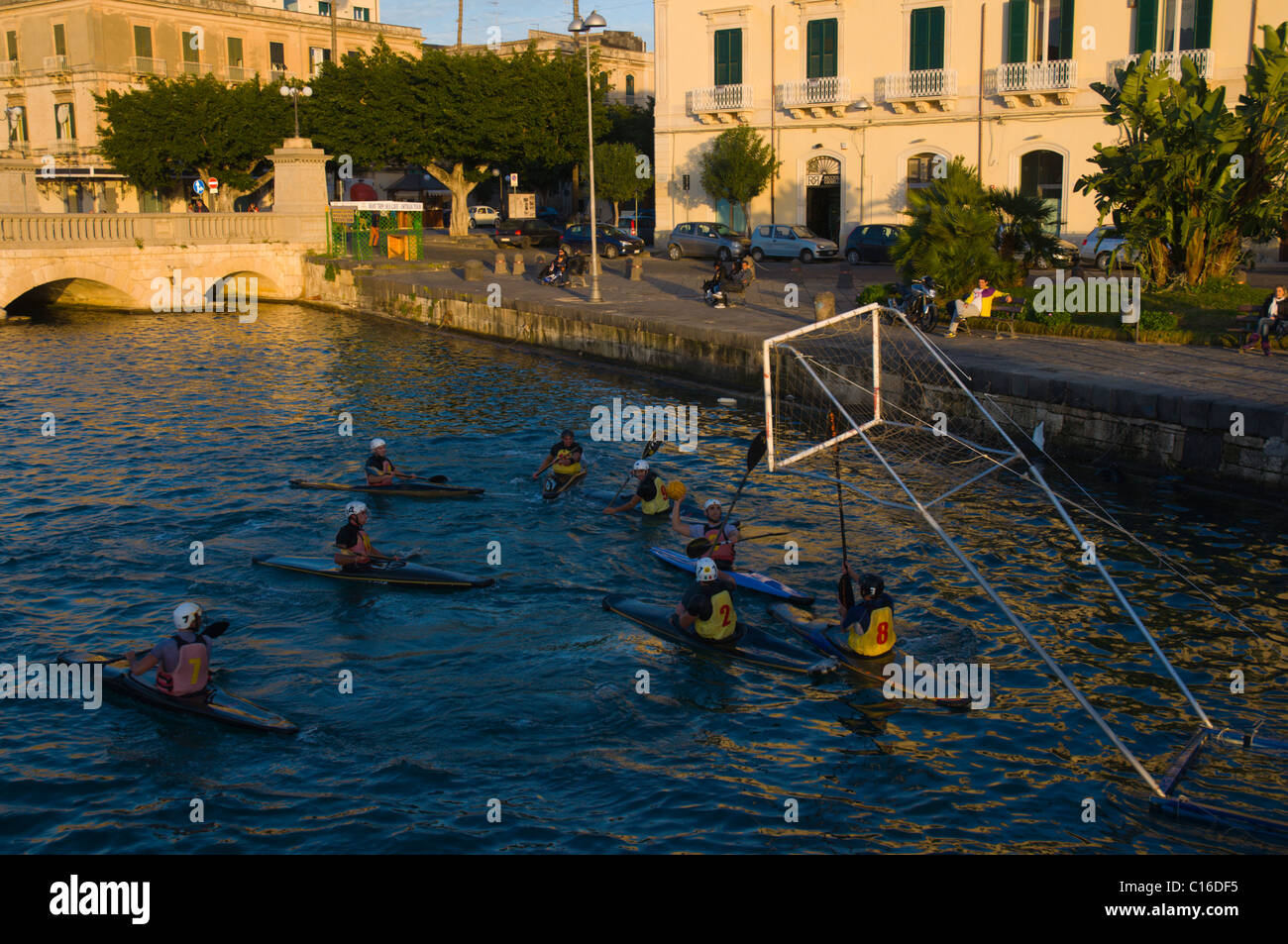 Game of Canoe Polo played in the sea at Ortigia island Syracuse Sicily